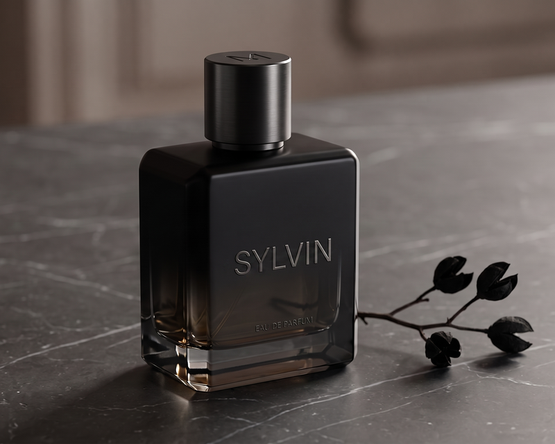 A dark glass perfume bottle labeled SYLVIN stands on a gray marble surface with a small dried stem beside it. The bottle is black with a matching black cap, and the background is a softly blurred indoor setting.